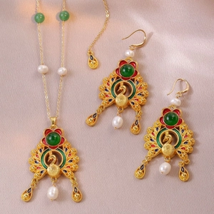 Peacock jewelry set with freshwater pearls, green gemstones and colorful enamel accents