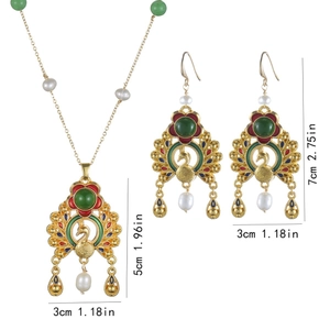 Peacock jewelry set with freshwater pearls, colorful enamel and green gemstones