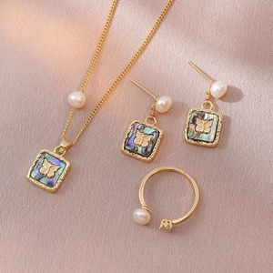 French Vintage Butterfly Jewelry Set Shell Artificial Pearl Titanium Steel Gold Pendant Necklace Earrings Open Ring For Women Elegant Party