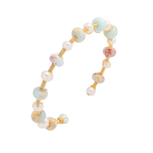 Freshwater Pearl Shoushan Stone Open Bangle Gold Plated Copper Wire Wrapped Bracelet Elegant Handmade Jewelry For Women