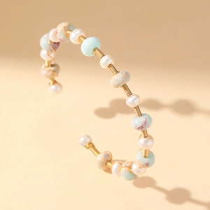 Artisan gold wire wrapped bracelet with natural pearls and marbled stone beads for women