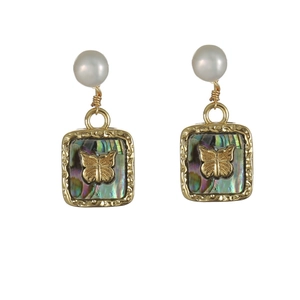 Vintage gold earrings with pearls, abalone shell inlays and butterfly reliefs