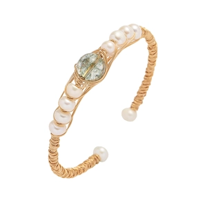 Handmade Wire Wrapped Cuff Bracelet Gold Plated Copper Natural Green Stone Artificial Pearl Accents Vintage Style For Women