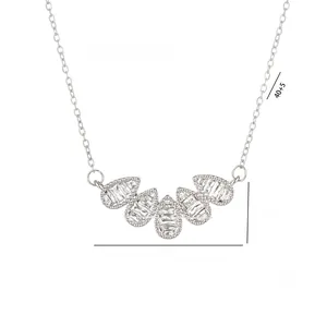 Detail of silver water drop necklace with marquise zirconia pendant and measurements