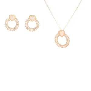 Minimalist heart jewelry set with pink cat eye stones and cubic zirconia gold plating