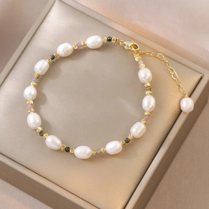 Freshwater pearl bracelet with colorful tourmaline beads and golden extension chain