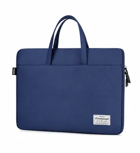 Detailed side view of navy blue laptop bag with nylon texture and front pocket