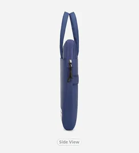 Side view of slim navy blue laptop bag showing dual handles and durable metal zippers