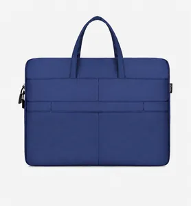 Navy blue laptop briefcase rear view showing luggage strap and durable nylon material