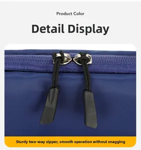 Close-up of sturdy two-way metal zippers on blue canvas laptop bag for smooth zipping