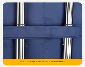 Detail of the back trolley sleeve on a navy canvas laptop bag for suitcase attachment