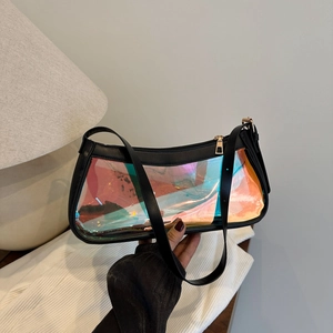 Holographic hobo bag with black leather trim and gold hardware for a stylish look