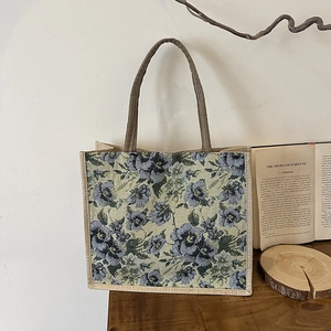 Vintage Floral Jacquard Cotton Linen Tote Bag Large Capacity Women Casual Shoulder Bag Literary Flower Pattern Handbag