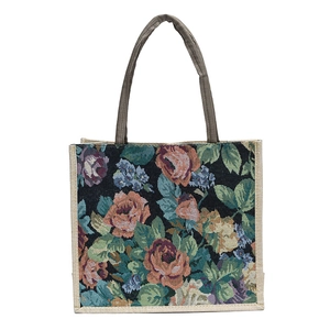 Vintage floral jacquard linen tote bag with pink roses and grey shoulder straps