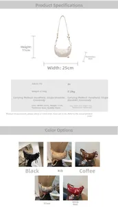Detailed size specifications and color selection for the crescent PU shoulder bag