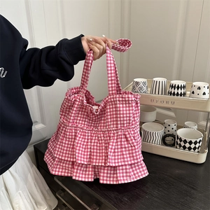 Borsa Tote da Donna a Quadretti con Volant Grande Capacità Stile Dolce in Misto Cotone Borsa a Spalla con Coulisse e Pieghe