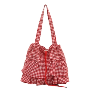 Red gingham plaid tote bag with layered ruffles and drawstring closure for women