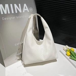 Minimalist white faux crocodile leather hobo shoulder bag with a high-gloss finish