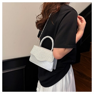 Silver glitter crossbody bag with metallic chain shown on a stylish outfit background