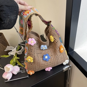 Women Handmade Crochet Flower Shoulder Bag 3D Floral Woven Tote Bag Bohemian Style Knit Handbag Summer Beach Vacation Bags