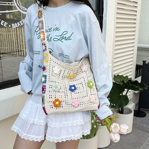 Floral crochet hollow shoulder bag with 3D flowers and colorful grandmother square strap