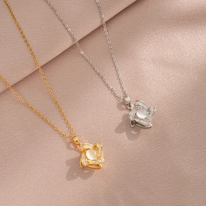 Stainless Steel Rotating Flower Necklace Cat Eye Stone Zirconia Inlaid Rotatable Windmill Pendant Necklace For Women Elegant Jewelry