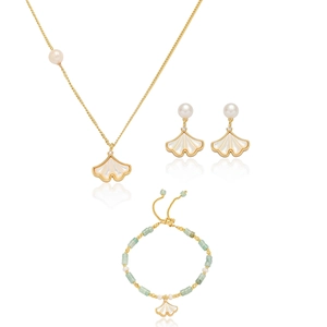 Ginkgoblad Ketting Oorbellen Armband Dames Kunstparelmoer Kunstparel Zirkoon Roestvrij Staal Elegante Mode Sieraden Goud