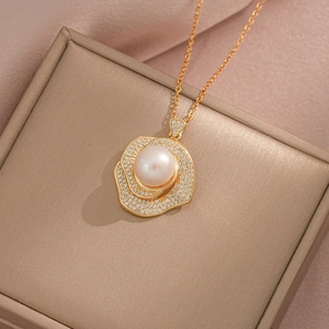Camellia Flower Pendant Necklace Freshwater Pearl Cubic Zirconia Titanium Steel Elegant Jewelry For Women