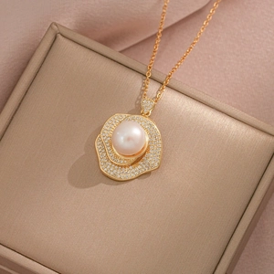 Elegant gold rose pendant necklace with natural freshwater pearl and crystal petals