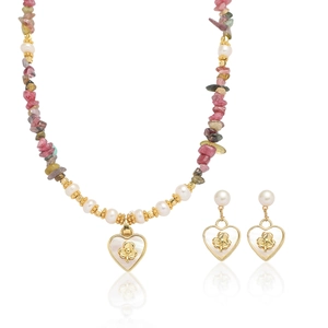 French Vintage Titanium Steel Copper Colorful Beads Artificial Pearl Heart Flower Pendant Necklace Drop Earrings Jewelry Set For Women