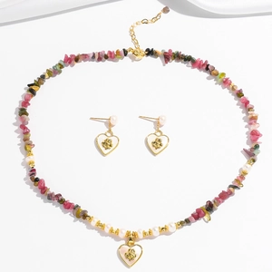 Baroque pearl necklace with colorful tourmaline stones and gold heart flower charm