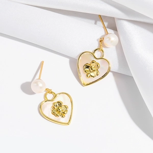 French baroque gold heart earrings with natural freshwater pearls and flower detail