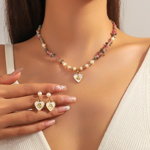Baroque freshwater pearl and tourmaline stone necklace with heart clover pendant set