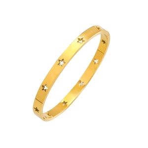 Polished gold stainless steel bangle with cutout star patterns and a hinged clasp
