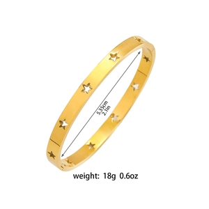 Gold stainless steel star cutout hinged bangle bracelet with 5.35cm inner diameter