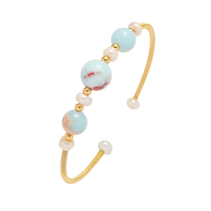 Elegant Open Cuff Bangle Copper With Amazonite Natural Stone And White Artificial Pearl Adjustable Jewelry For Women Fashion