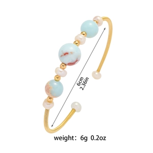 Minimalist gold open bangle with marble texture beads and natural pearls, 6cm diameter