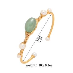 Bohemian gold wire wrapped open bangle with green aventurine stone and white pearls