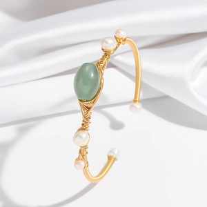 Handmade gold wire cuff bracelet with green aventurine stone and white pearls