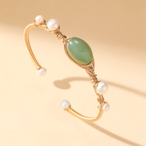 Handmade gold wire cuff bracelet with green aventurine and natural freshwater pearls