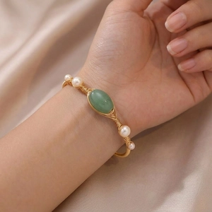 Copper Wire Wrapped Open Cuff Bracelet With Aventurine Jade And Natural Artificial Pearl Elegant Retro Fashion For Women