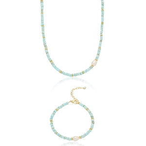 Parure Collier et Bracelet en Acier Titane Perles de Pierre Bleu Clair avec Perle Baroque Bijoux de Style Plage d'Été