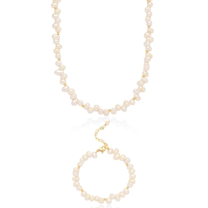 Collier Et Bracelet Perles D'eau Douce Baroque Acier Titane Plaqué Or Ajustable Élégant Chaîne Clavicule Femme