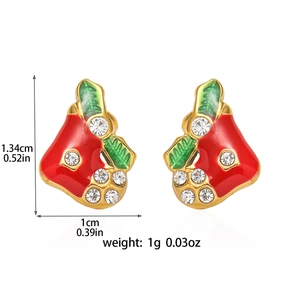 Festive red enamel Christmas bell stud earrings with green leaves and zircon inlays