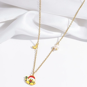 Collier perle d'eau douce Noël avec pendentif bonhomme de neige et lune mignon cadeau de femme.