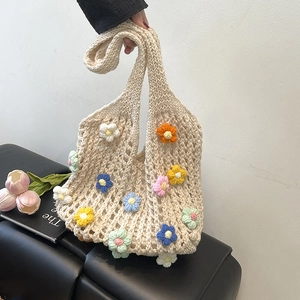 Sac à Épaule Tissé Crochet Fleurs pour Femmes Fait Main Ajouré Tote Été Plage Quotidien Sac à Main Style Rural Frais