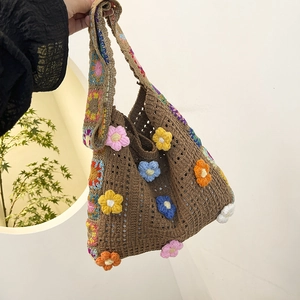 Sac à Épaule Femme Fait Main au Crochet Fleur Style Bohême Sac Fourre-Tout Tissé Avec Décoration Florale Vacances Plage Été