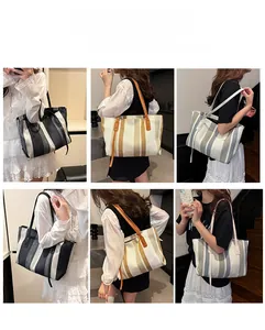 Detailed views of a striped canvas tote bag with leather handles in various colors