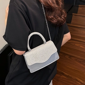 Silver sequin square handbag with metallic chain strap and top handle for women