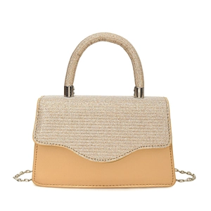 Sparkling champagne gold crossbody bag with rhinestone flap and silver chain strap